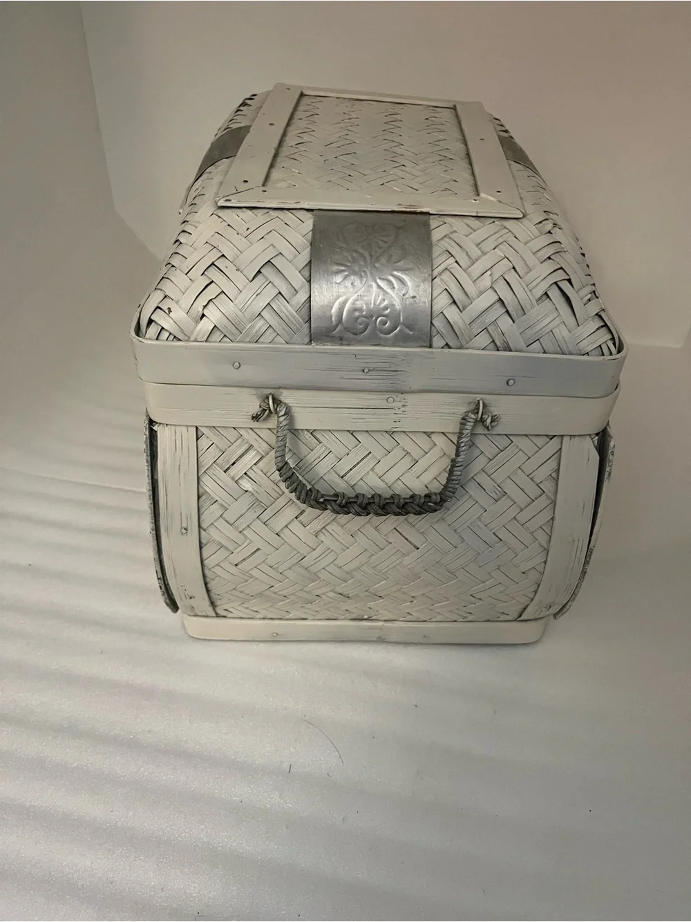 White Woven Wicker & Metal Trunk Chest, Rectangular Hinged Lid w/Handle